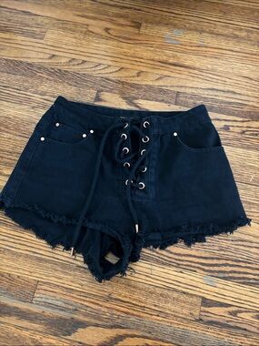 Kaitlyn Black Lace-Up Frayed Hem Jean Shorts